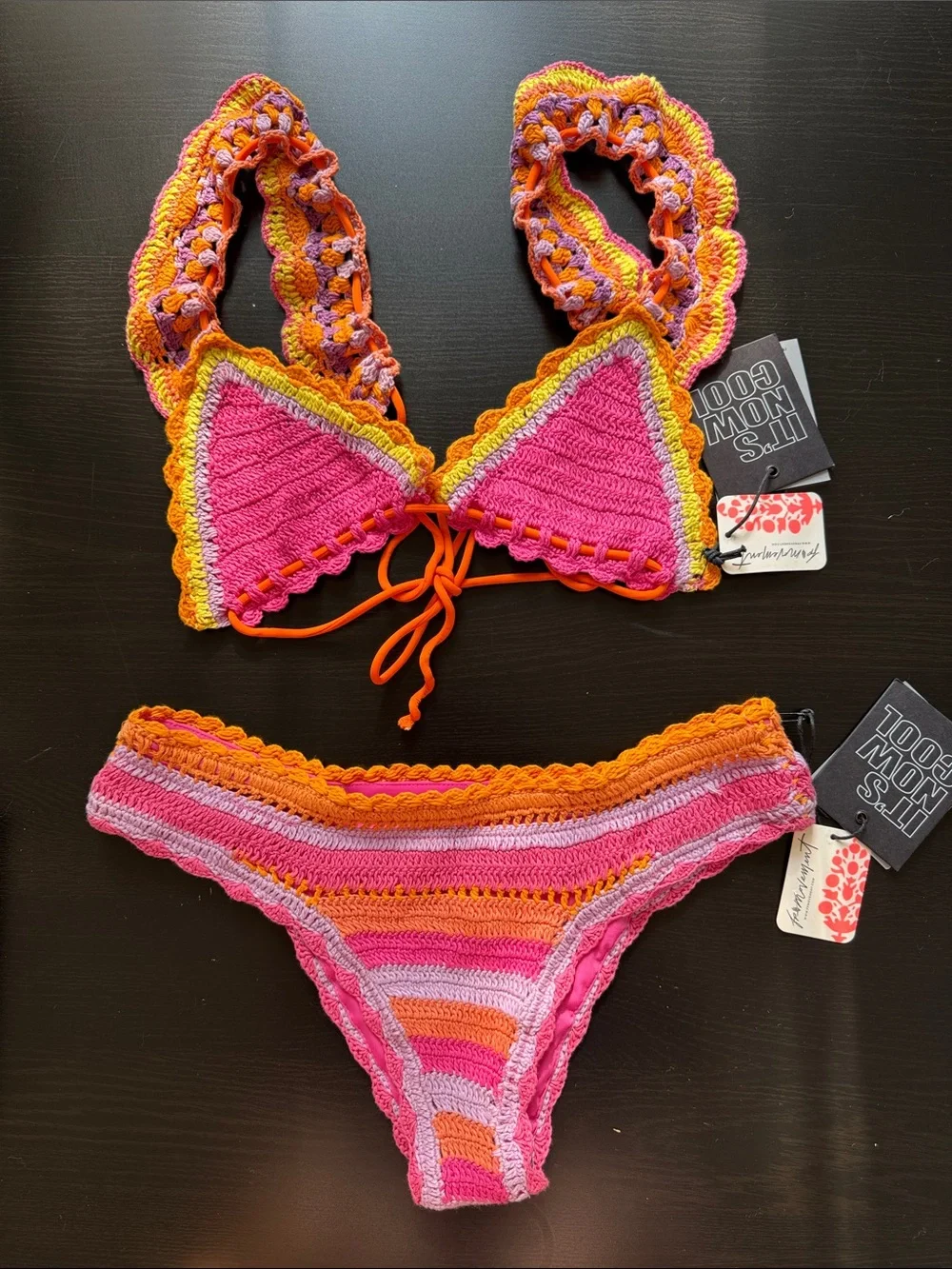 Free People It's Now Cool the Crochet Frill Pink Bikini Top & Bottom Size S/M